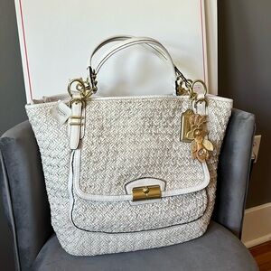 NWT Coach Kristin Pinnacle White Woven Leather Tote Gold Floral Hangtag Detail